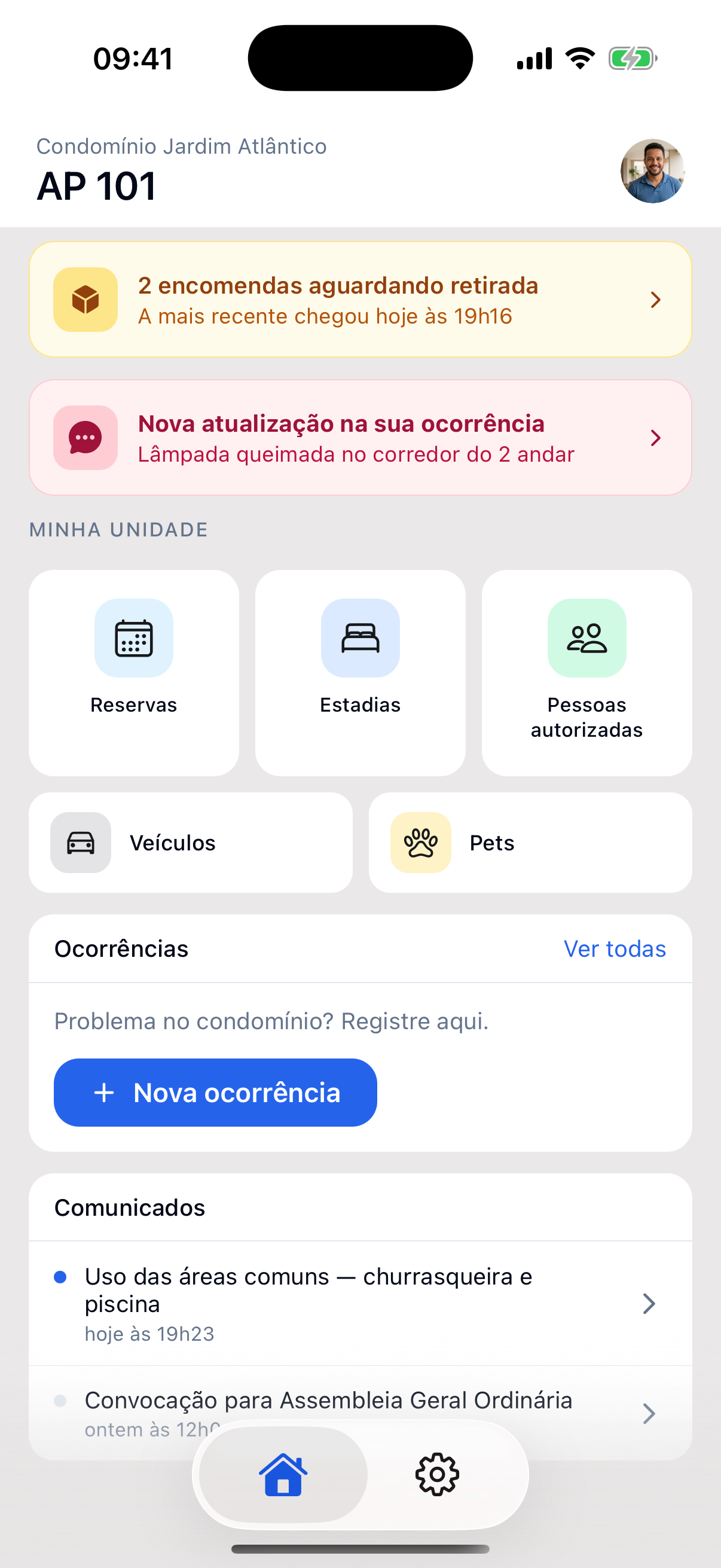 Tela do aplicativo CondoPrático para moradores (tema claro)