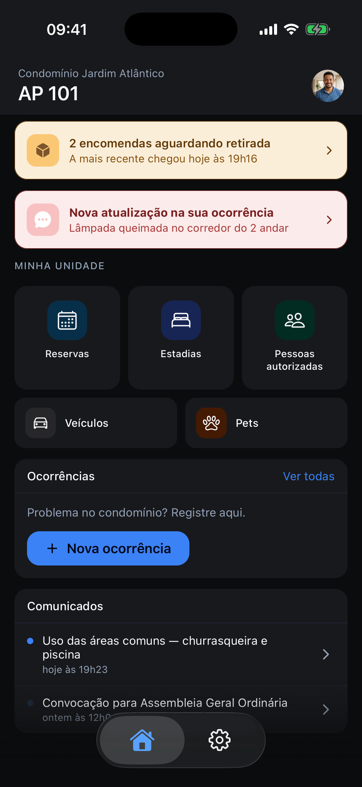 Tela do aplicativo CondoPrático para moradores (tema escuro)