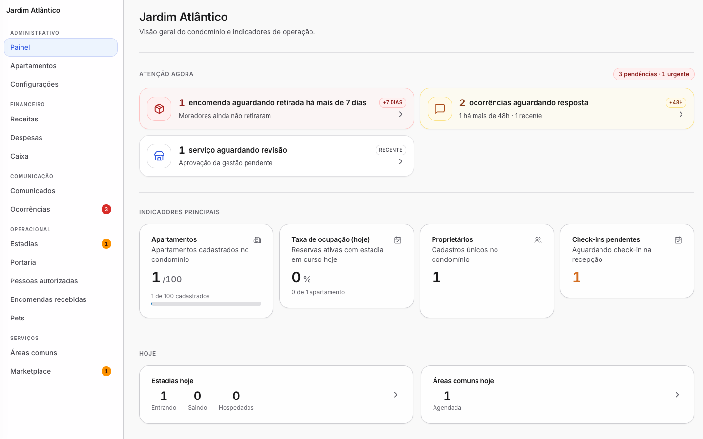 Captura de tela do painel web do CondoPrático