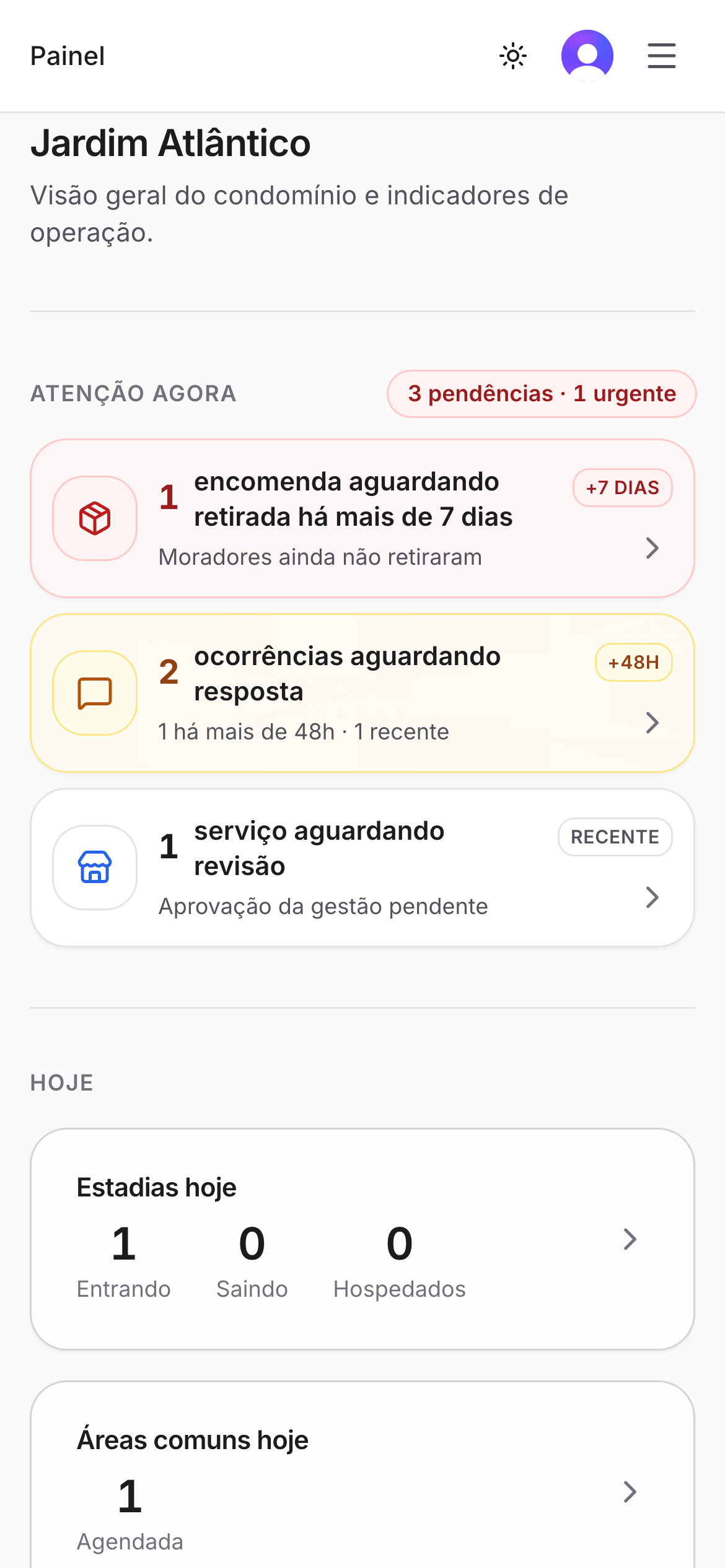 Painel do CondoPrático em celular (tema claro)